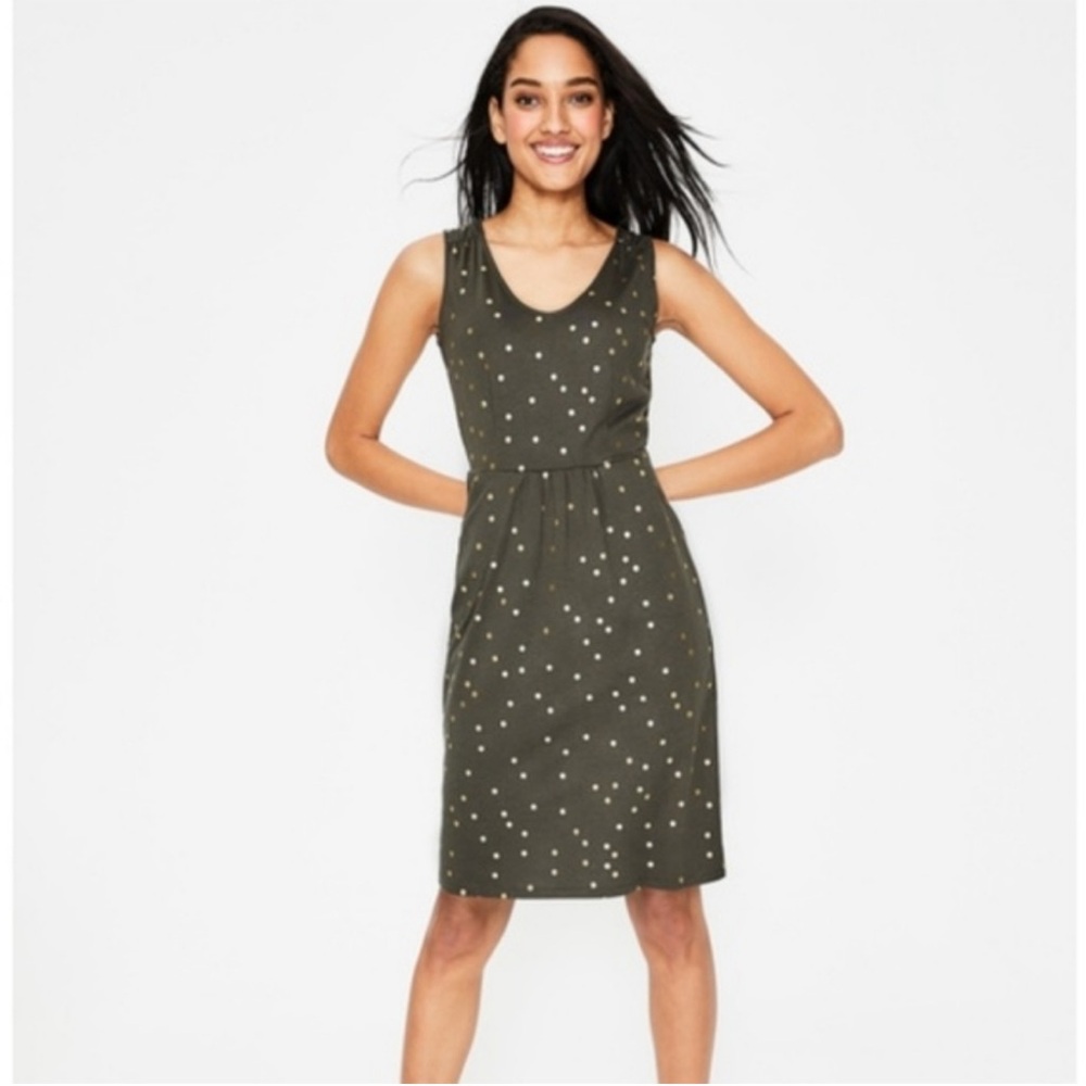 Boden Melinda Jersey Dress olive green gold polka dots size 10 - Picture 2 of 16